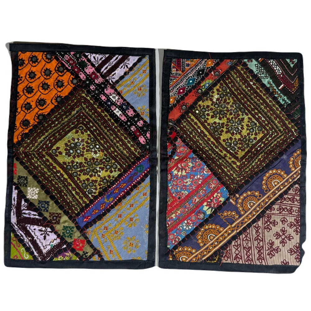 Indian Patchwork Mirror Work Embroidered Textile Wall Hangings Pair 12x17